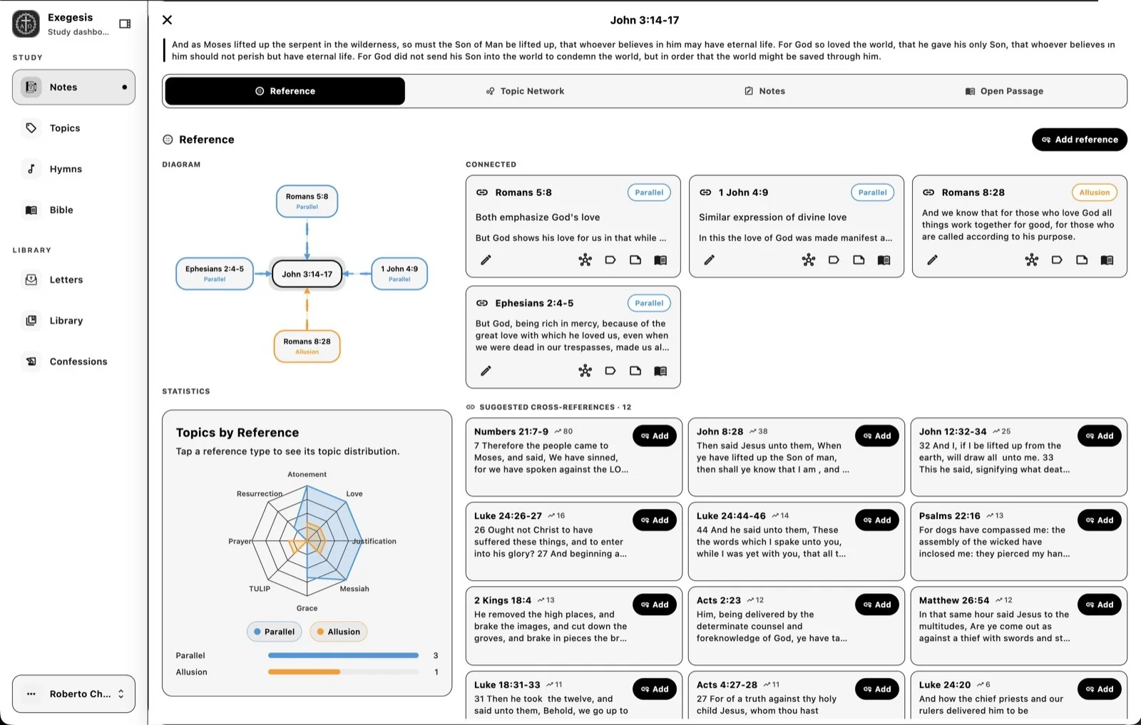 Exegesis desktop app showing a John 3 study with its cross-reference diagram