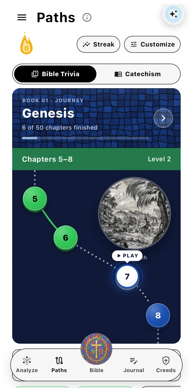 Paths page with a Bible Trivia journey through Genesis, numbered chapter levels on a winding path, and a streak flame