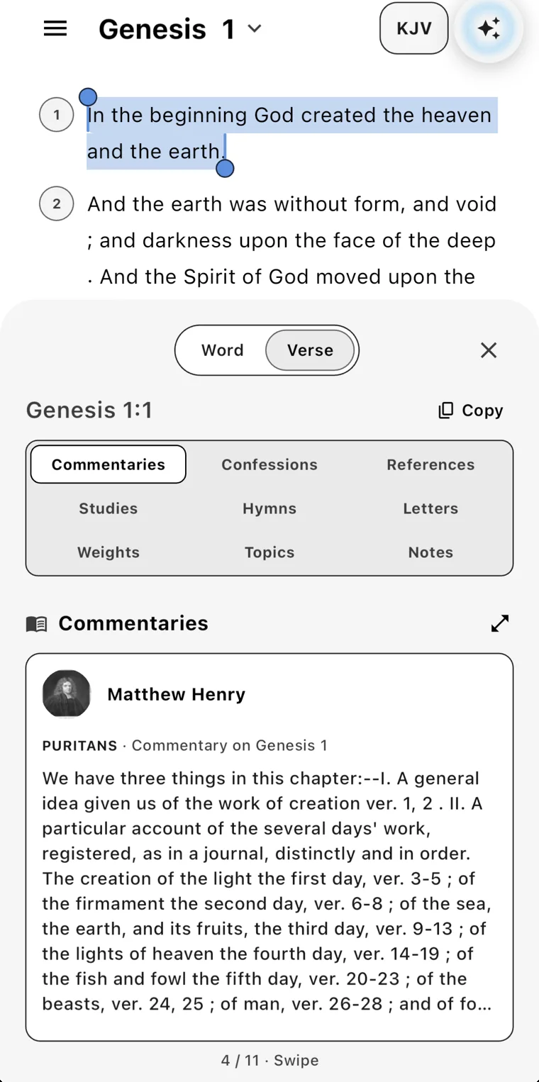 Sources panel on Genesis 1:1 with nine tabs including commentaries, confessions, and hymns